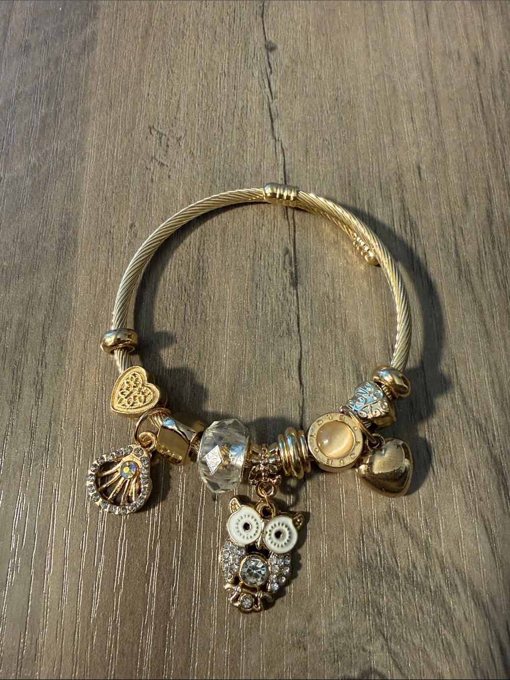 Gold-Tone Owl Charm Bracelet with Heart and Shell Accents